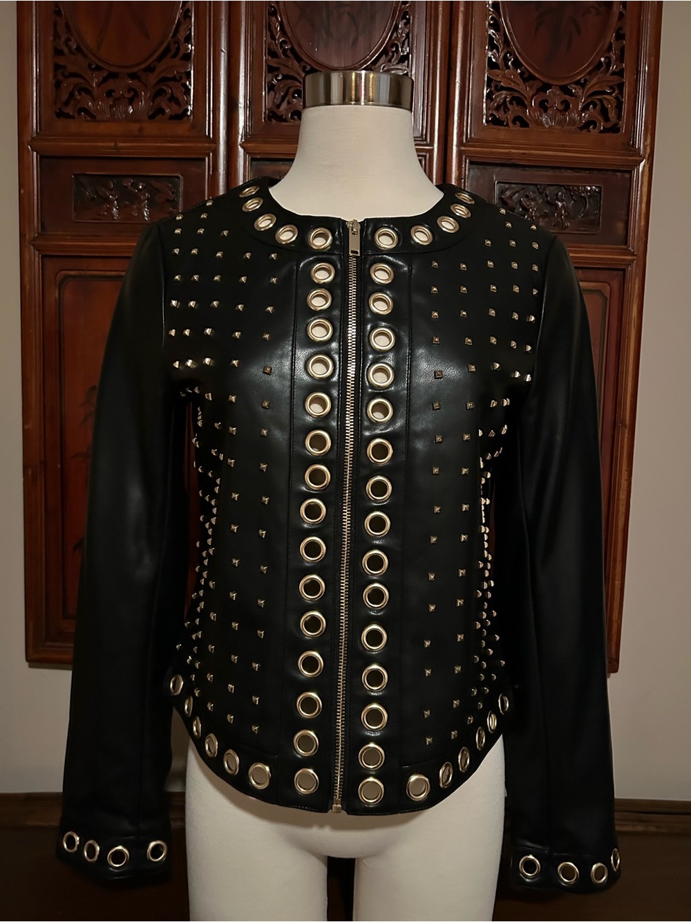 Boston Proper Black Faux Leather Grommet & Studs Collarless Jacket XS